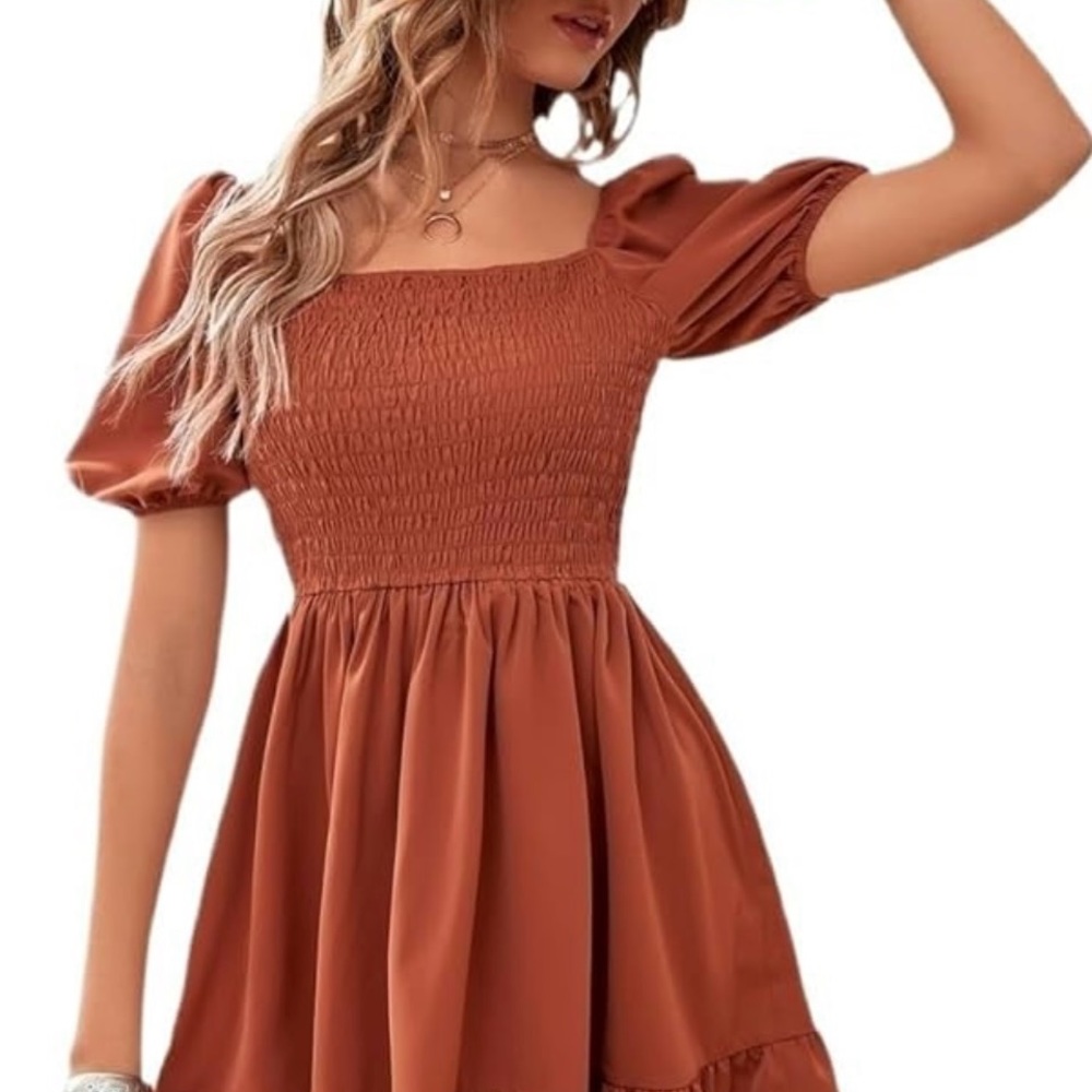Amazon Rust Brown Smocked Mini Dress